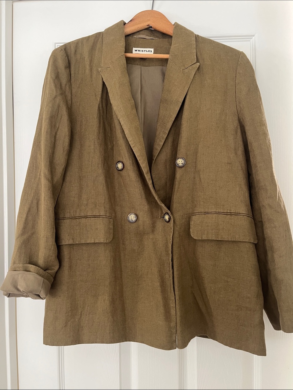 Whistles Olive Green Double-Breasted Linen Blazer